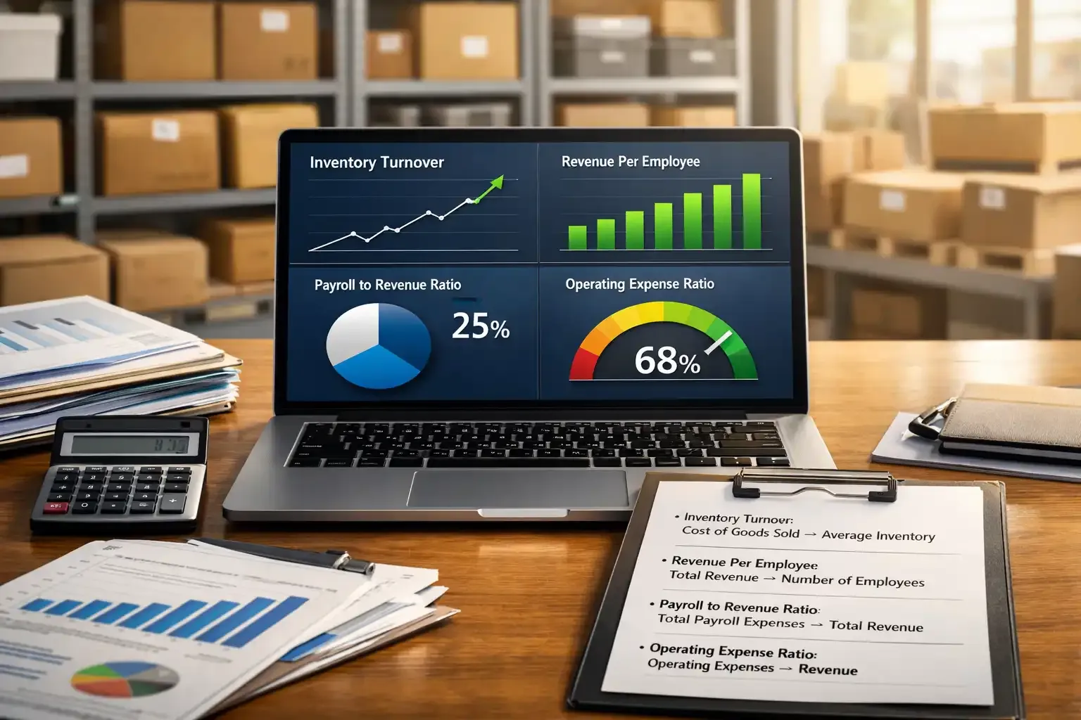 Laptop dashboard showing inventory, payroll, and expense metrics